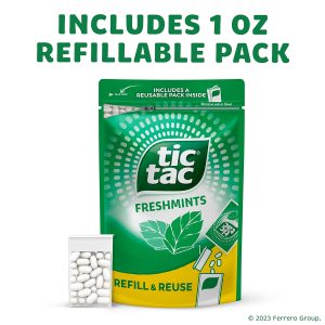 Tic Tac Bulk Resealable Refill Bag. Freshmint Breath Mints. On-The-Go Refreshment. Includes Empty Refillable Pack. 17.2 oz