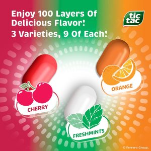 Tic Tac Variety Pack Mega Box. Bulk 27 Packs. Cherry. Freshmints. Orange. Refreshing Fruity Mints. Classic Box. 17.14 oz