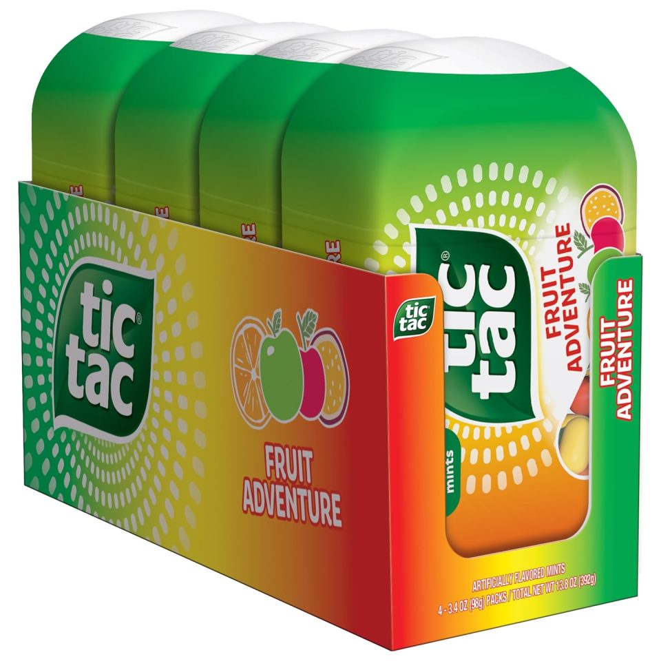 Tic Tac Fruit Adventure Mints. 4 Bottle Packs. On-The-Go Refreshment. 3.4 oz Each