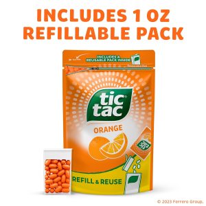 Tic Tac Bulk Resealable Refill Bag. Orange Flavored Mints. On-The-Go Refreshment. Includes Empty Refillable Pack. 17.2 oz