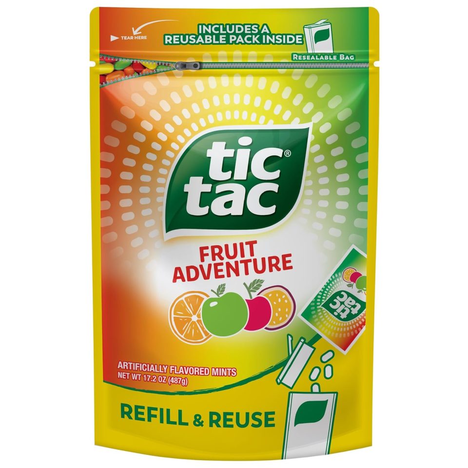 Tic Tac Bulk Resealable Refill Bag. Fruit Adventure Mints. On-The-Go Refreshment. Includes Empty Refillable Pack. 17.2 oz