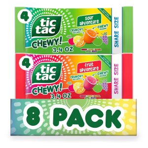 TIC TAC CHEWY! Fruit Adventure & Sour Adventure Candy. Variety Pack. Share Size Bag. 8 Count. 3.4 oz Each