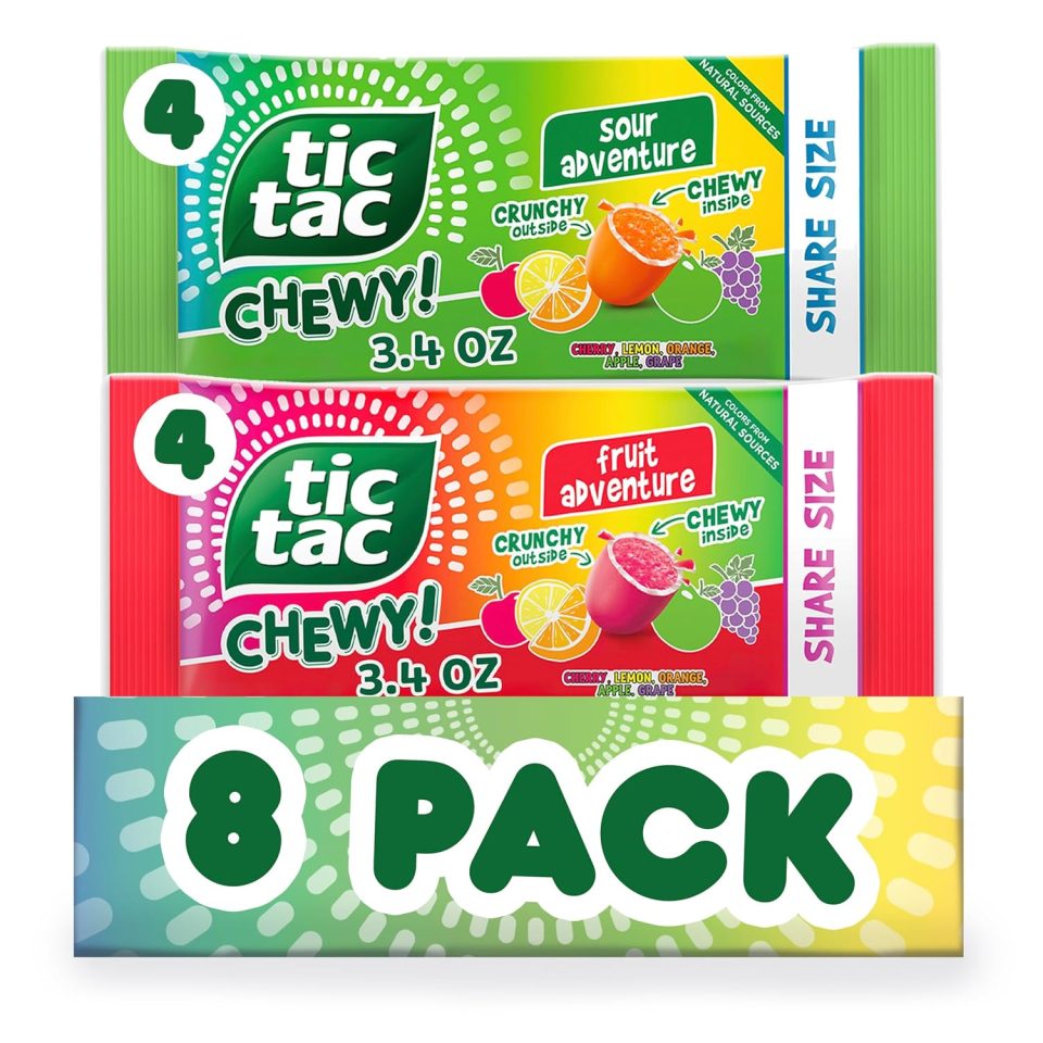 TIC TAC CHEWY! Fruit Adventure & Sour Adventure Candy. Variety Pack. Share Size Bag. 8 Count. 3.4 oz Each