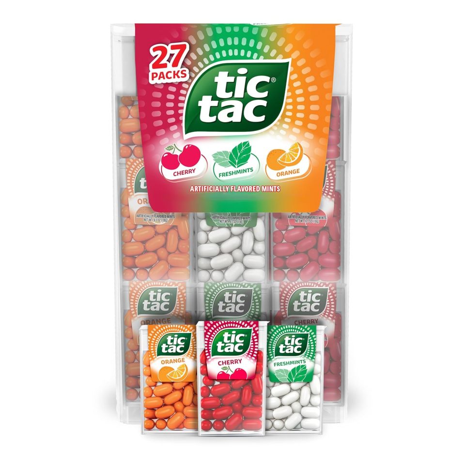 Tic Tac Variety Pack Mega Box. Bulk 27 Packs. Cherry. Freshmints. Orange. Refreshing Fruity Mints. Classic Box. 17.14 oz