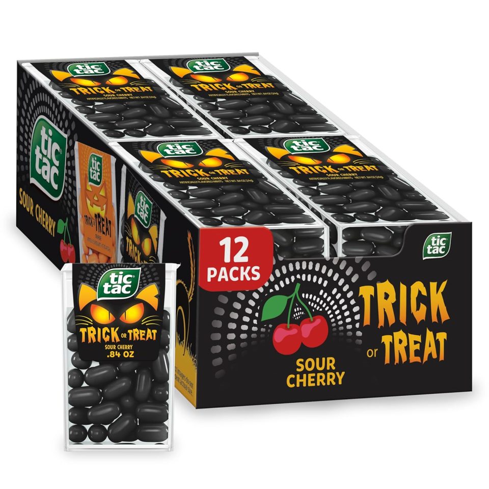 Tic Tac Trick or Treat Sour Cherry Mints. Great for Party Favors and On-the-Go Sharing. Bulk 12 Pack. .84 oz Each