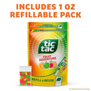 Tic Tac Bulk Resealable Refill Bag. Fruit Adventure Mints. On-The-Go Refreshment. Includes Empty Refillable Pack. 17.2 oz
