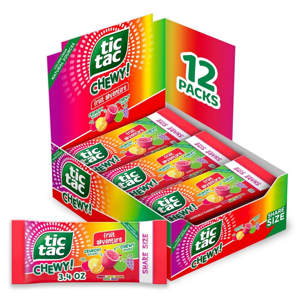 TIC TAC CHEWY! Fruit Adventure Candy. Bulk 12 Pack. Fruit Candy. Share Size. 3.04 oz Each (Packaging May Vary)